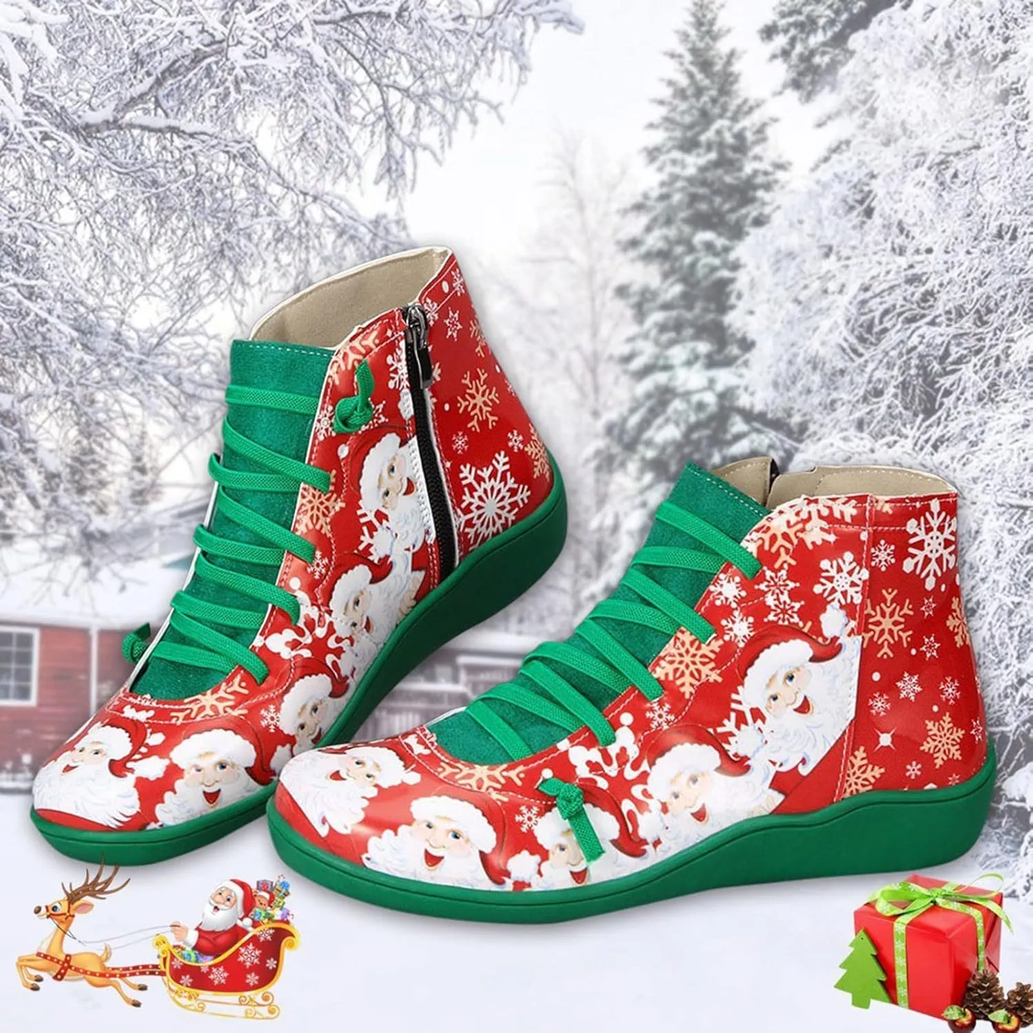 Women's Ankle Boots Fashion Faux Leather All-Match Shoes Calf Boots Lace-up Side Zipper Platform Winter Snow Boot