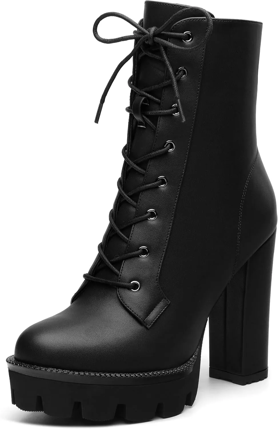Womens Ankle Boots, High Chunky Heel Platform Ankle Booties for Women, Round Toe Lace-up Ankle Boots 4.5"