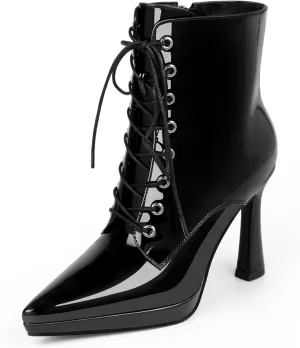 Women's Ankle Boots Platform Stilettos High Heel Pointed Toe Lace Up Dress Booties