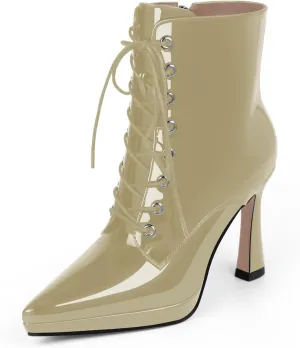 Women's Ankle Boots Platform Stilettos High Heel Pointed Toe Lace Up Dress Booties