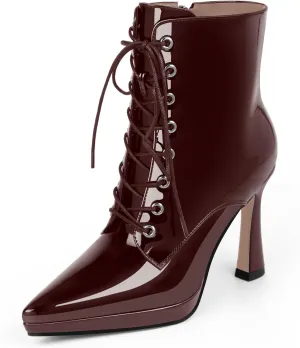 Women's Ankle Boots Platform Stilettos High Heel Pointed Toe Lace Up Dress Booties