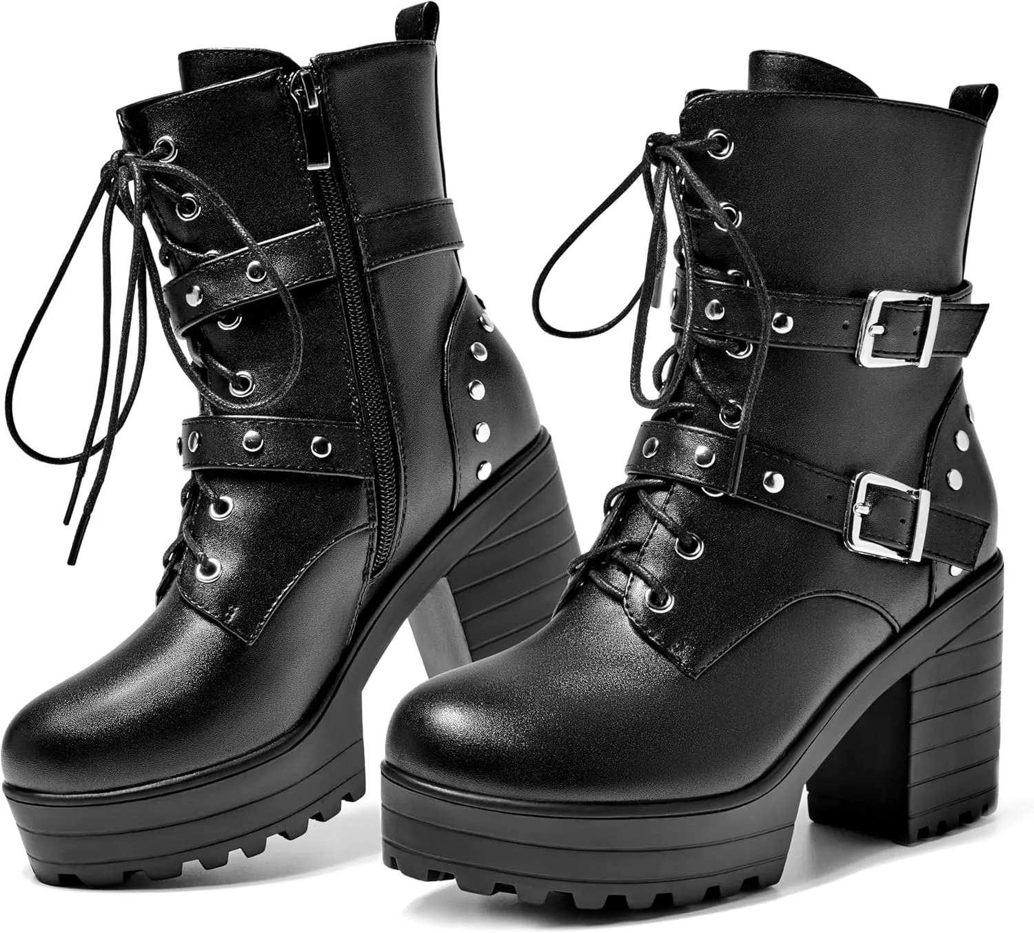 Women’s Ankle Boots Round Toe Gothic Chunky Platform Combat Boots Lace Up Short Booties Side Zipper Biker Boots