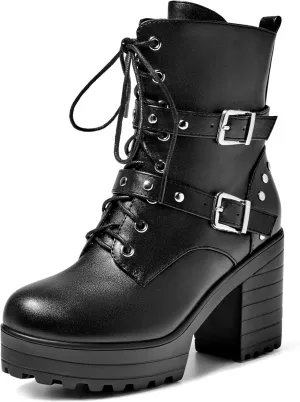 Women’s Ankle Boots Round Toe Gothic Chunky Platform Combat Boots Lace Up Short Booties Side Zipper Biker Boots