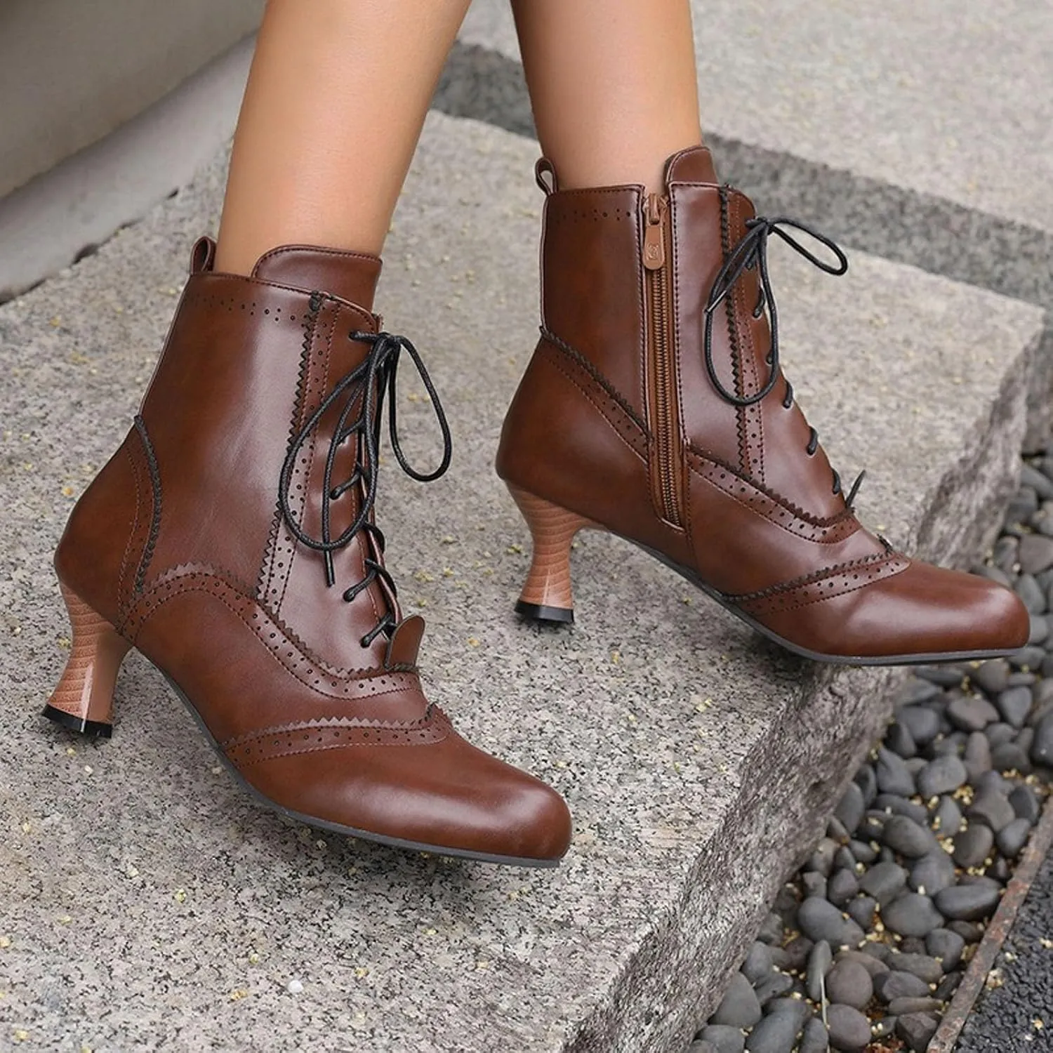 Womens Ankle Boots Wide Calf,Mid Heel Victorian Boots Vintage Lace Up Dance Booties Cosplay Witch Shoes for Women