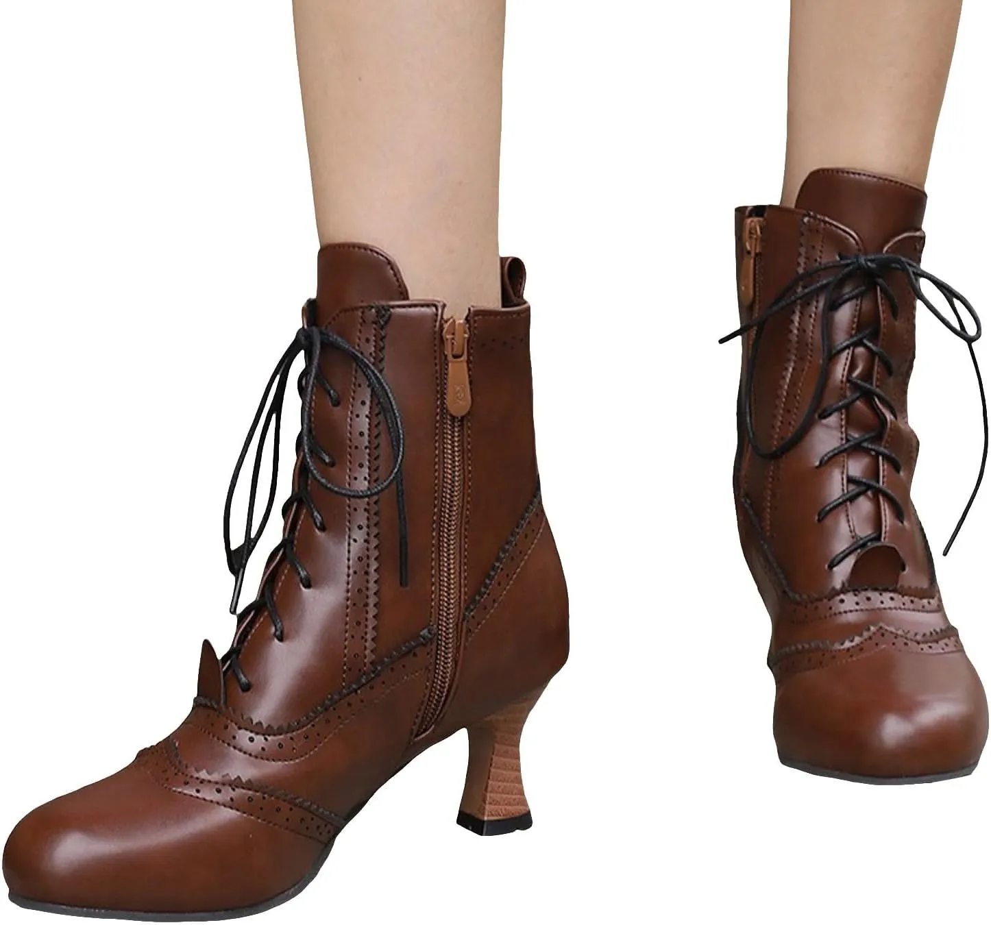 Womens Ankle Boots Wide Calf,Mid Heel Victorian Boots Vintage Lace Up Dance Booties Cosplay Witch Shoes for Women