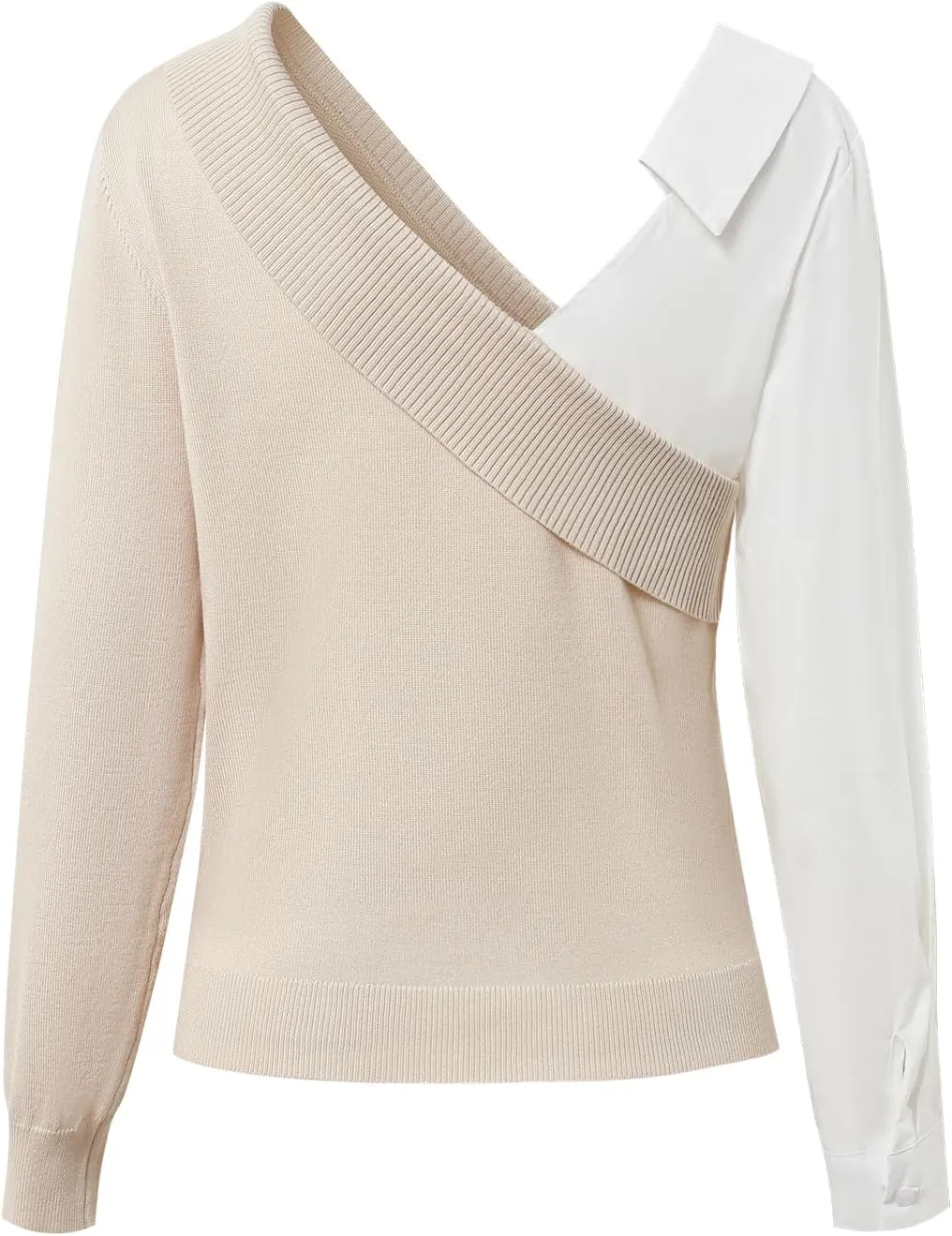 Women's Asymmetrical Patchwork Long Sleeve Blouse Trendy Woven & Shirt Blend Tops with Contrast Collar