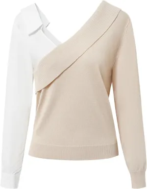 Women's Asymmetrical Patchwork Long Sleeve Blouse Trendy Woven & Shirt Blend Tops with Contrast Collar