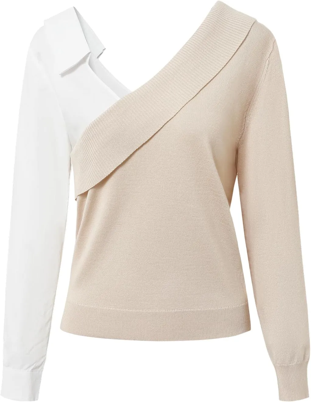 Women's Asymmetrical Patchwork Long Sleeve Blouse Trendy Woven & Shirt Blend Tops with Contrast Collar