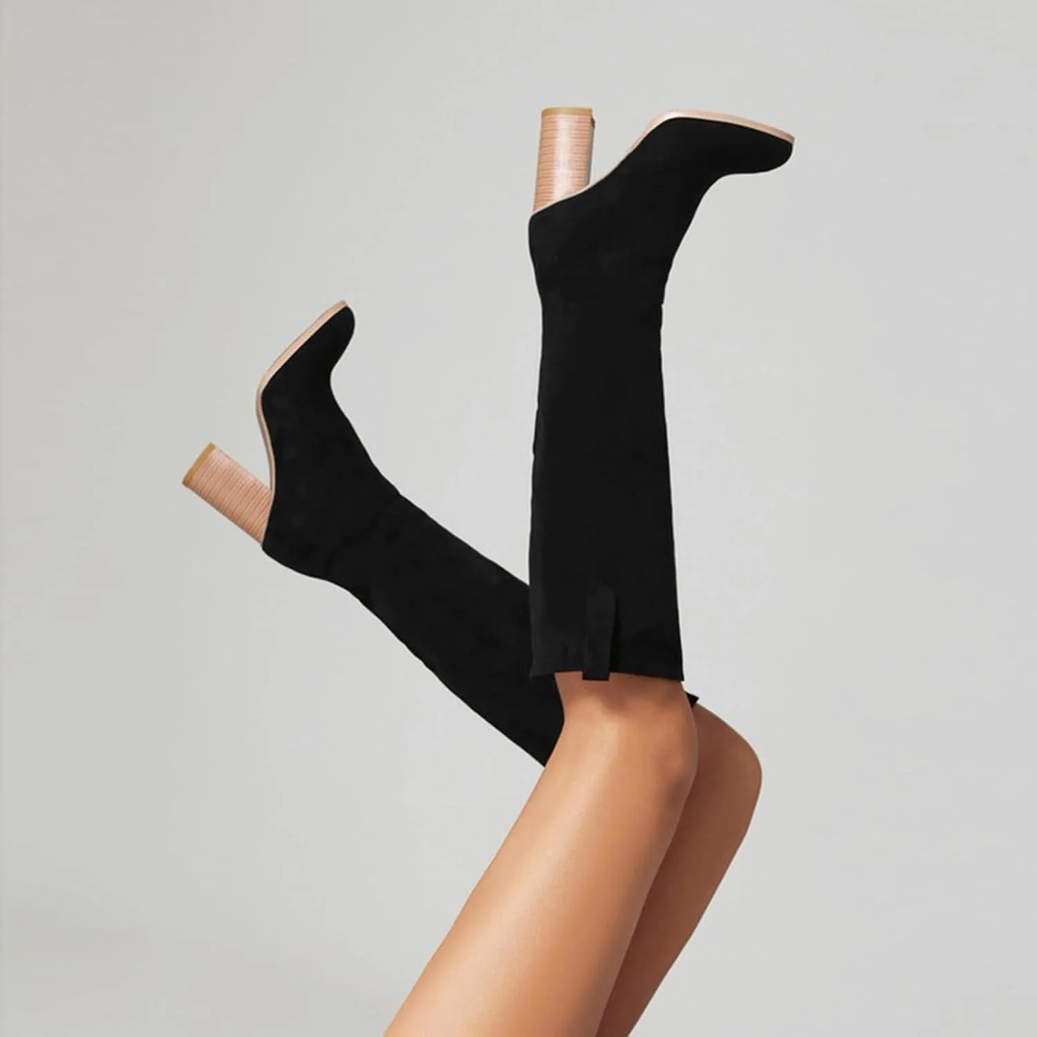Women's Autumn and Winter Fashion Round Head High Heel Suede Boots Solid Color Non Slip Slip On Boots Over Knee Leather Boots