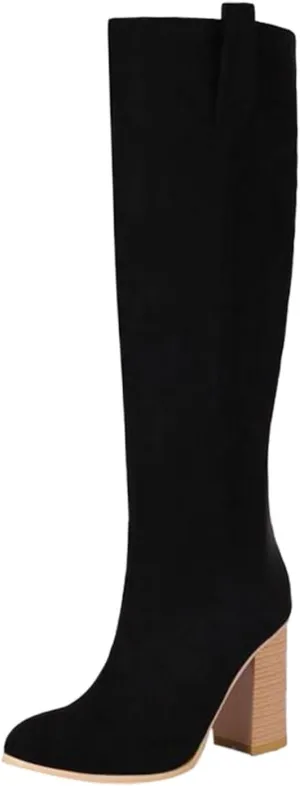 Women's Autumn and Winter Fashion Round Head High Heel Suede Boots Solid Color Non Slip Slip On Boots Over Knee Leather Boots