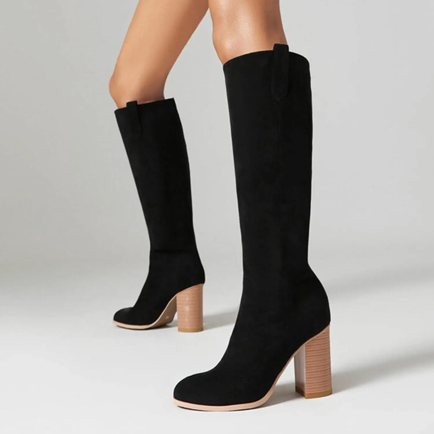 Women's Autumn and Winter Fashion Round Head High Heel Suede Boots Solid Color Non Slip Slip On Boots Over Knee Leather Boots