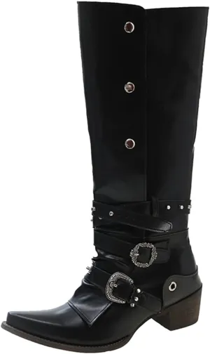 Women's Autumn Winter Fashion Pointed Low Heel Leather Cowboy Boots Buckle Up Drill Knee High Boots Tall Boots Size 5