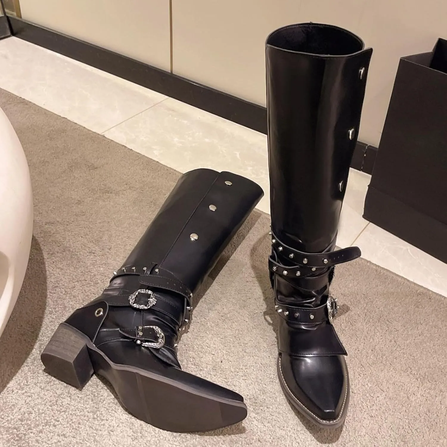 Women's Autumn Winter Fashion Pointed Low Heel Leather Cowboy Boots Buckle Up Drill Knee High Boots Tall Boots Size 5