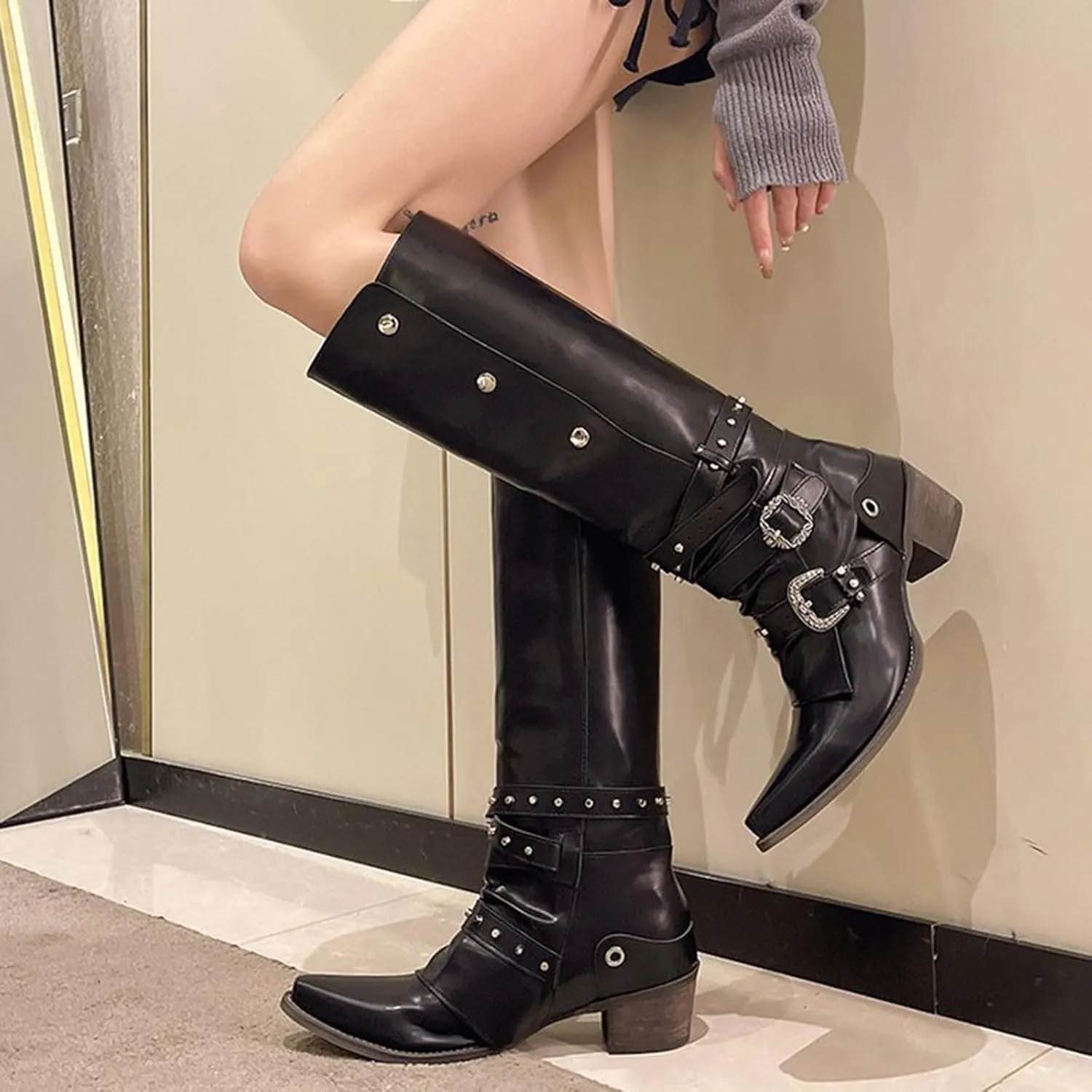Women's Autumn Winter Fashion Pointed Low Heel Leather Cowboy Boots Buckle Up Drill Knee High Boots Tall Boots Size 5