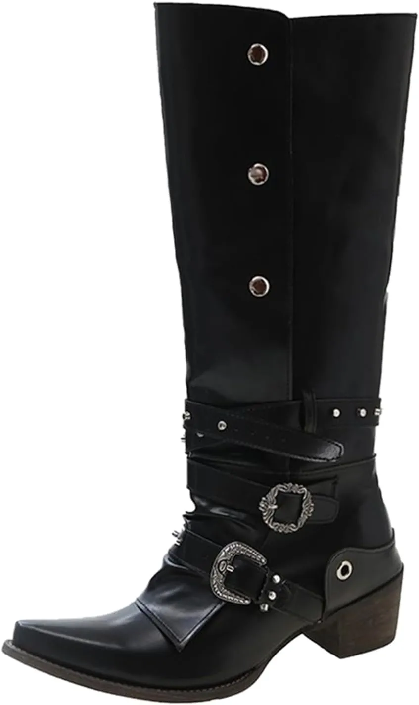 Women's Autumn Winter Fashion Pointed Low Heel Leather Cowboy Boots Buckle Up Drill Knee High Boots Tall Boots Size 5