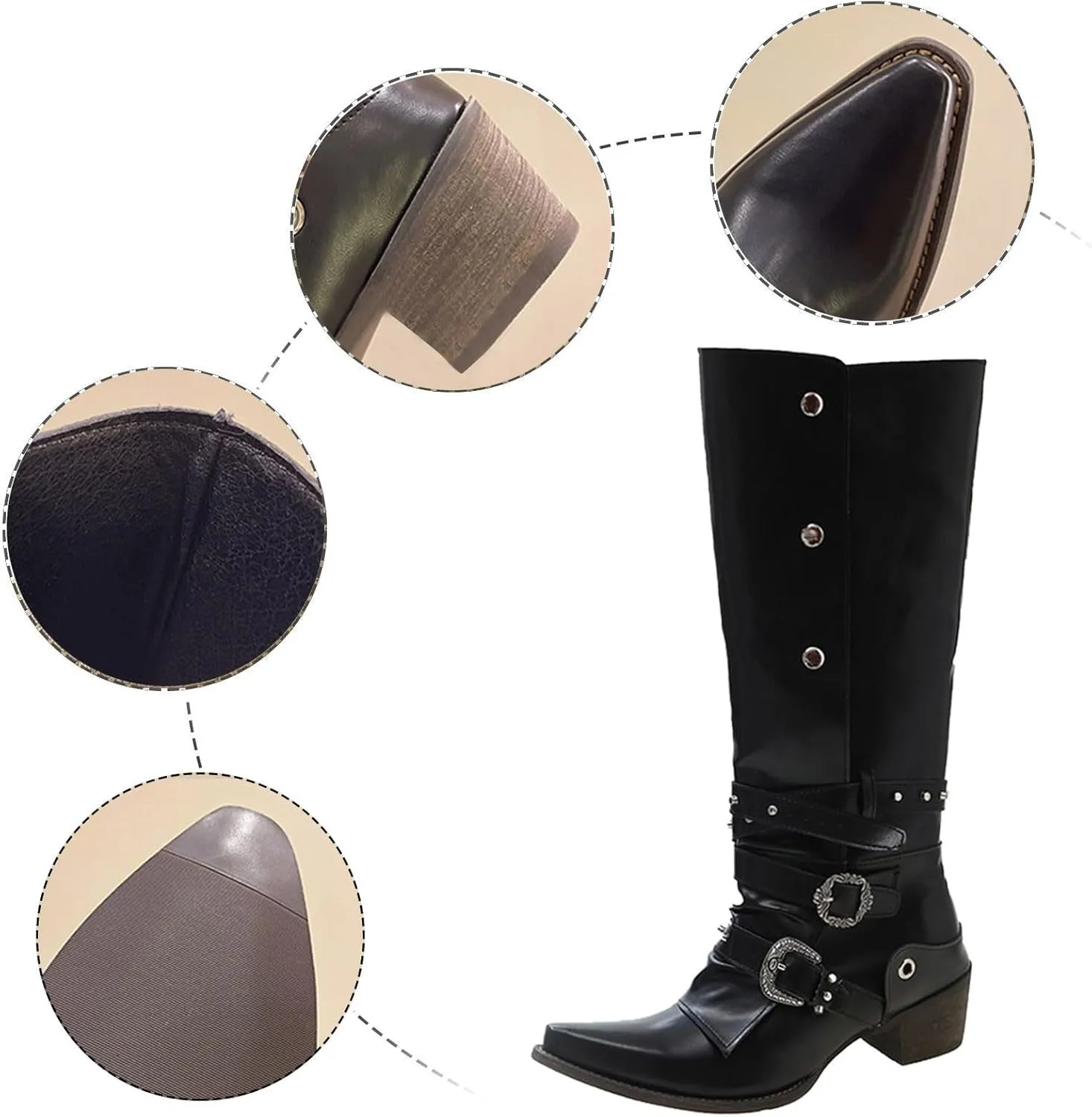 Women's Autumn Winter Fashion Pointed Low Heel Leather Cowboy Boots Buckle Up Drill Knee High Boots Tall Boots Size 5