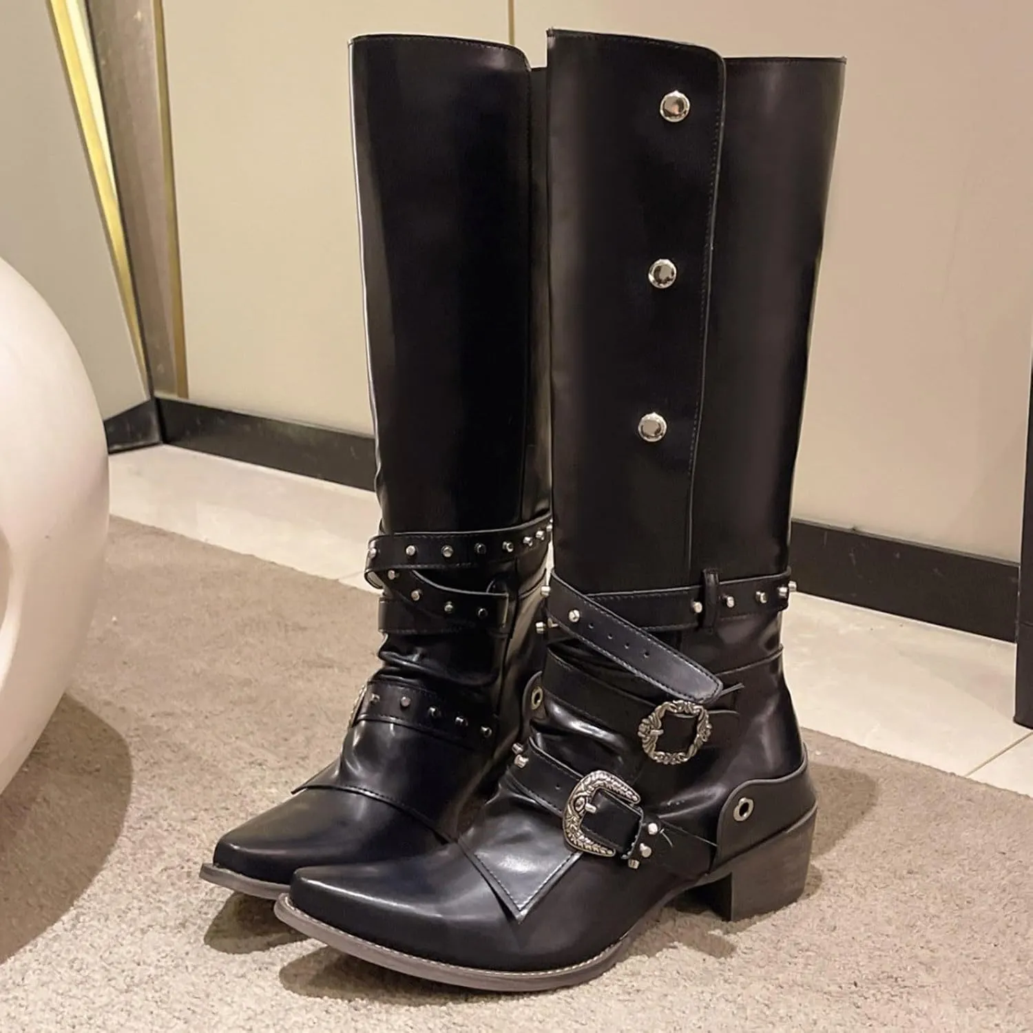 Women's Autumn Winter Fashion Pointed Low Heel Leather Cowboy Boots Buckle Up Drill Knee High Boots Tall Boots Size 5