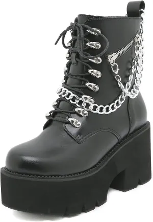 Women's Black Lace up Goth Platform Boots, Chunky Block Ankle Gothic Combat Boots, Cosplay Fashion Punk Boots Shoes