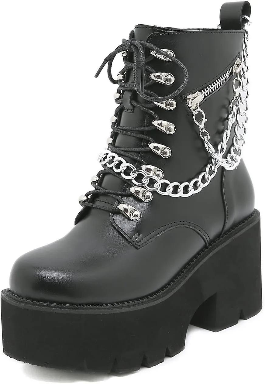 Women's Black Lace up Goth Platform Boots, Chunky Block Ankle Gothic Combat Boots, Cosplay Fashion Punk Boots Shoes