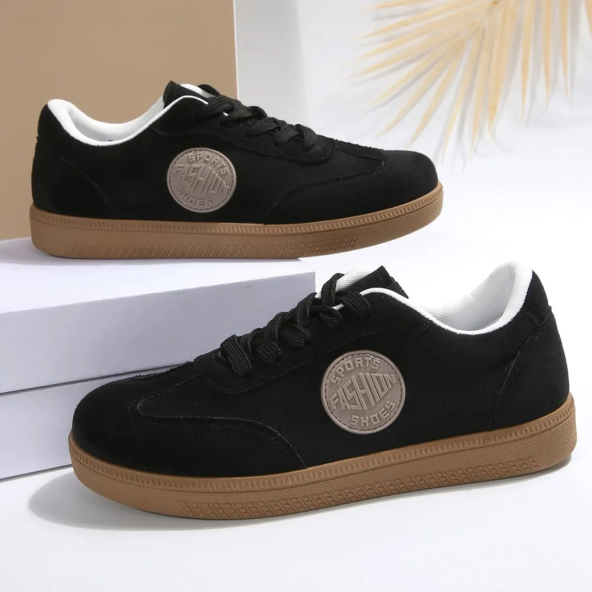 Women's Black Retro Skate Sneakers – Lace-Up Faux Suede Casual Shoes with Rubber Gum Sole, Street Style Trainers for Walking, Campus, Travel – Classic Vintage Look for Everyday Wear