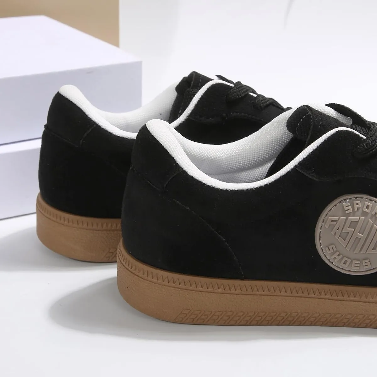 Women's Black Retro Skate Sneakers – Lace-Up Faux Suede Casual Shoes with Rubber Gum Sole, Street Style Trainers for Walking, Campus, Travel – Classic Vintage Look for Everyday Wear