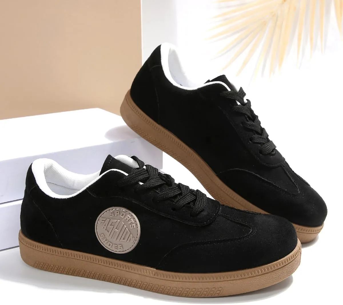 Women's Black Retro Skate Sneakers – Lace-Up Faux Suede Casual Shoes with Rubber Gum Sole, Street Style Trainers for Walking, Campus, Travel – Classic Vintage Look for Everyday Wear