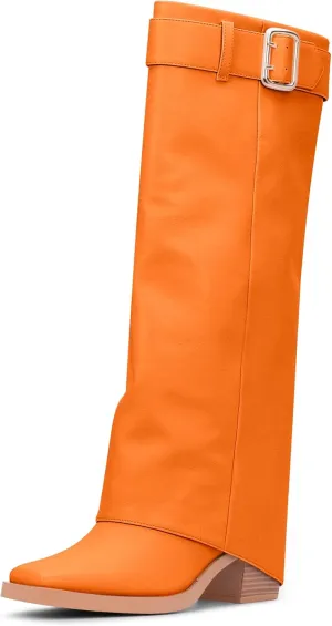 Women's Block Heel Fold Over Knee-High Boots Closed Toe Buckle Slip On Dress Boots