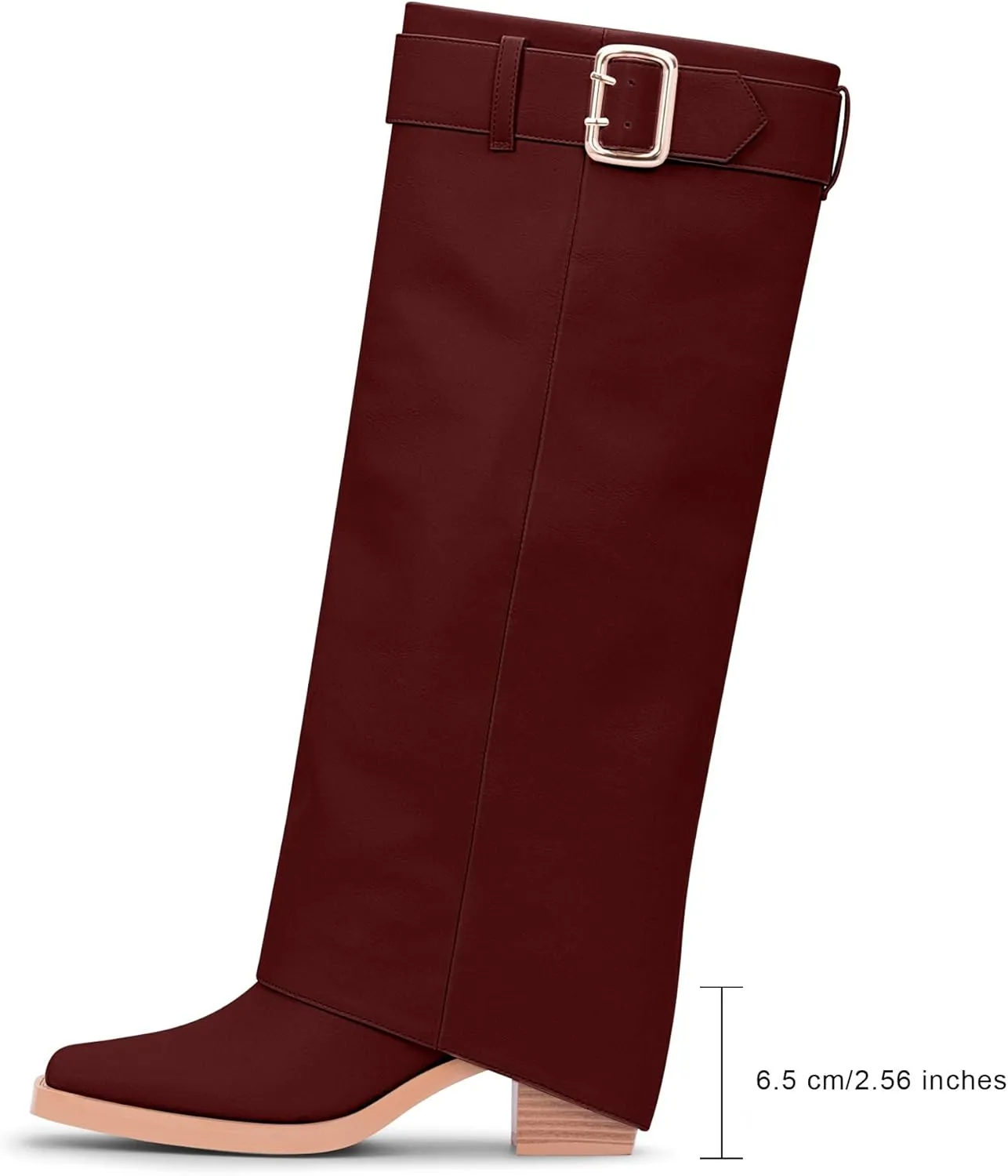 Women's Block Heel Fold Over Knee-High Boots Closed Toe Buckle Slip On Dress Boots