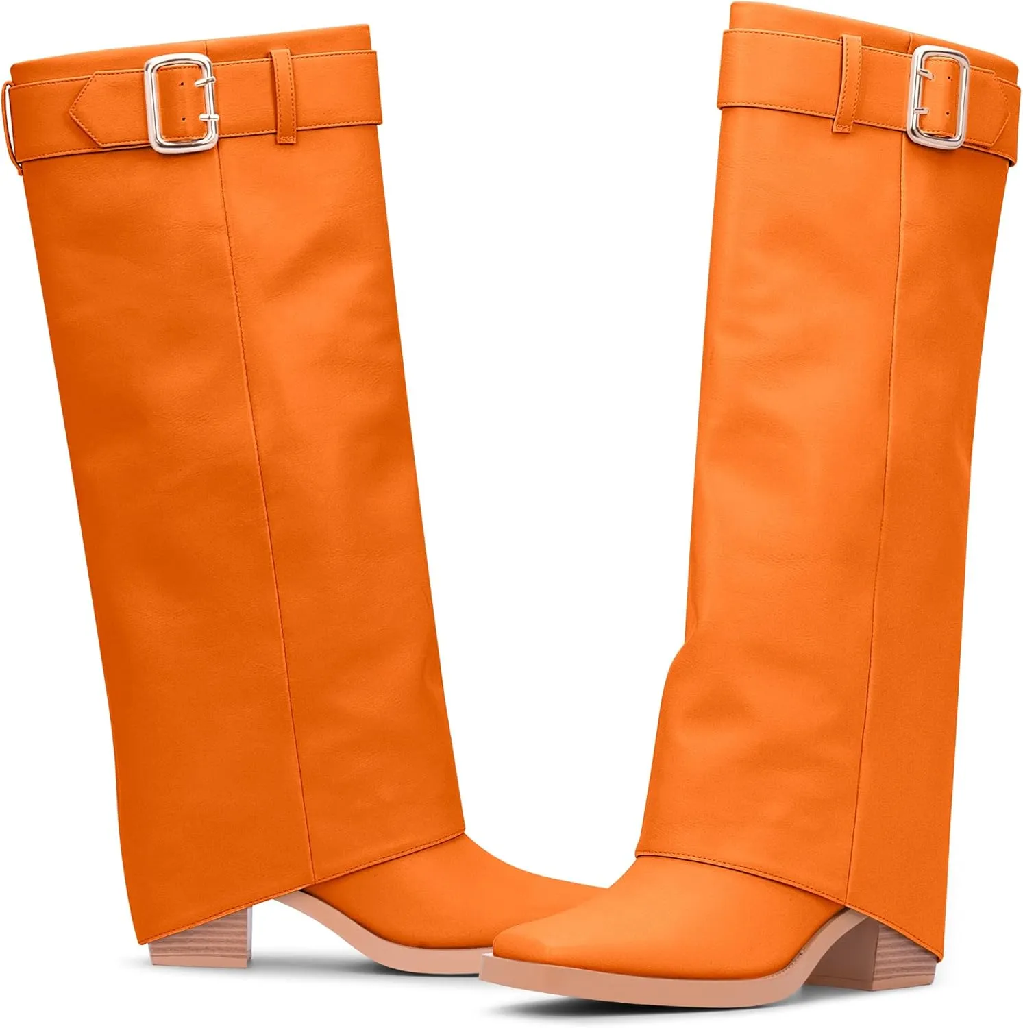 Women's Block Heel Fold Over Knee-High Boots Closed Toe Buckle Slip On Dress Boots