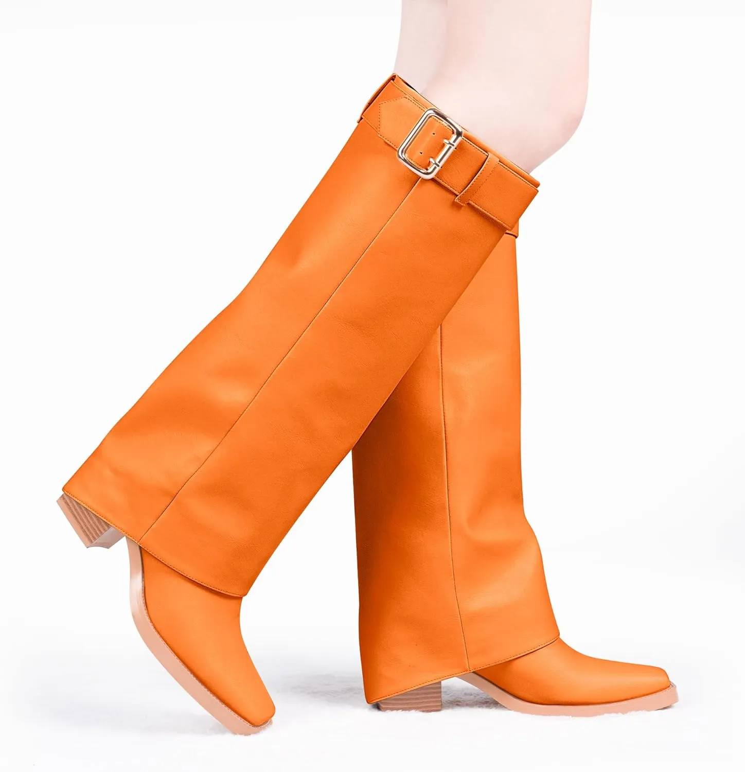 Women's Block Heel Fold Over Knee-High Boots Closed Toe Buckle Slip On Dress Boots