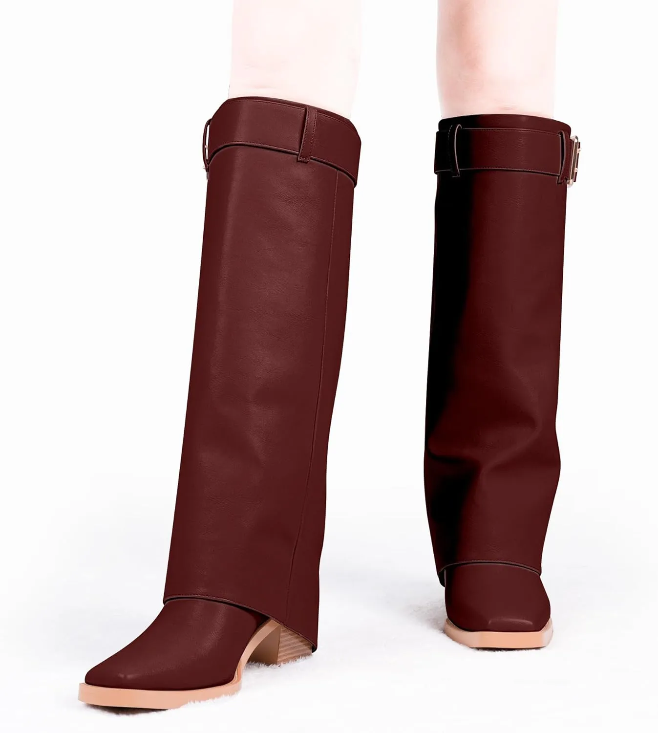 Women's Block Heel Fold Over Knee-High Boots Closed Toe Buckle Slip On Dress Boots