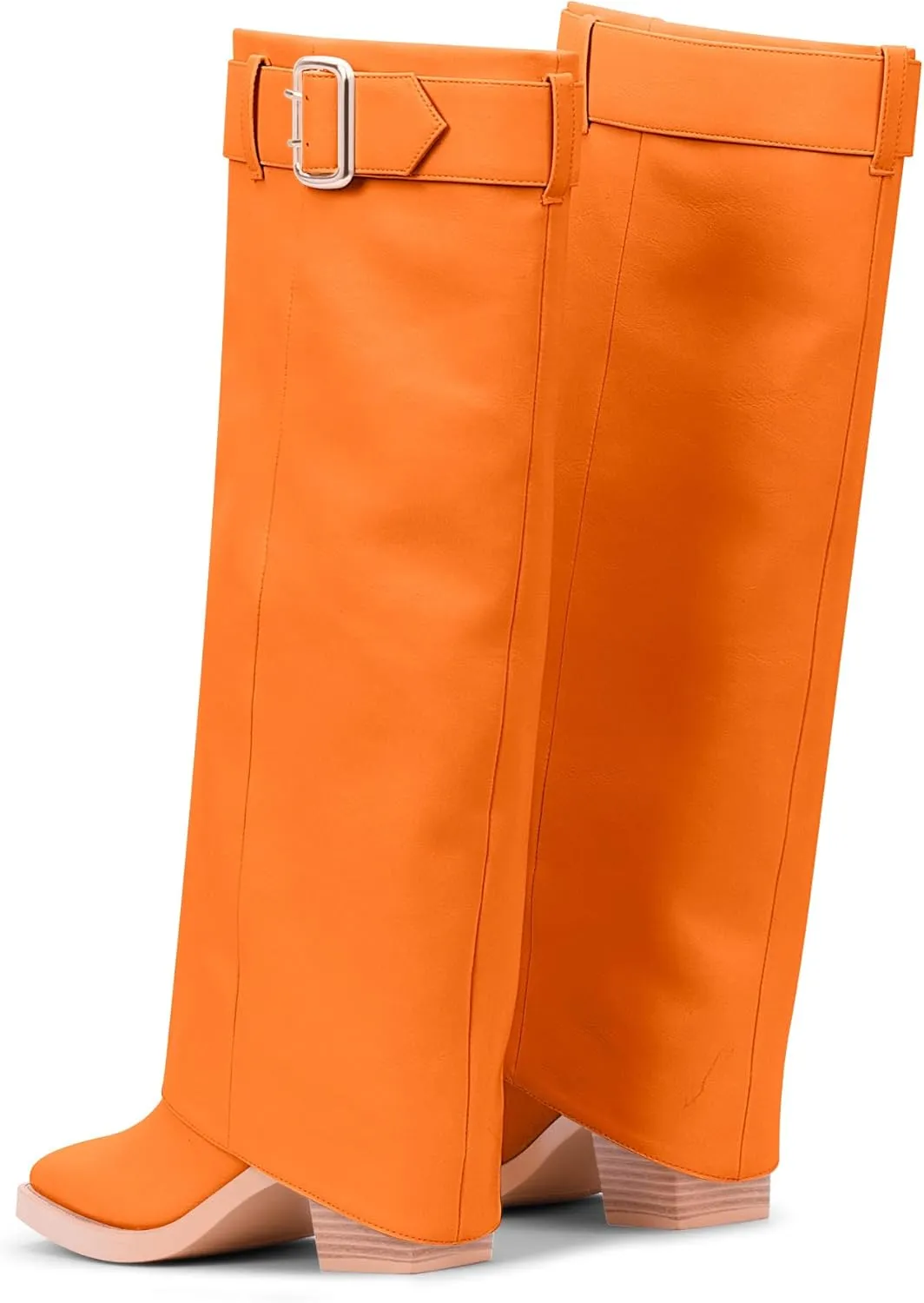 Women's Block Heel Fold Over Knee-High Boots Closed Toe Buckle Slip On Dress Boots