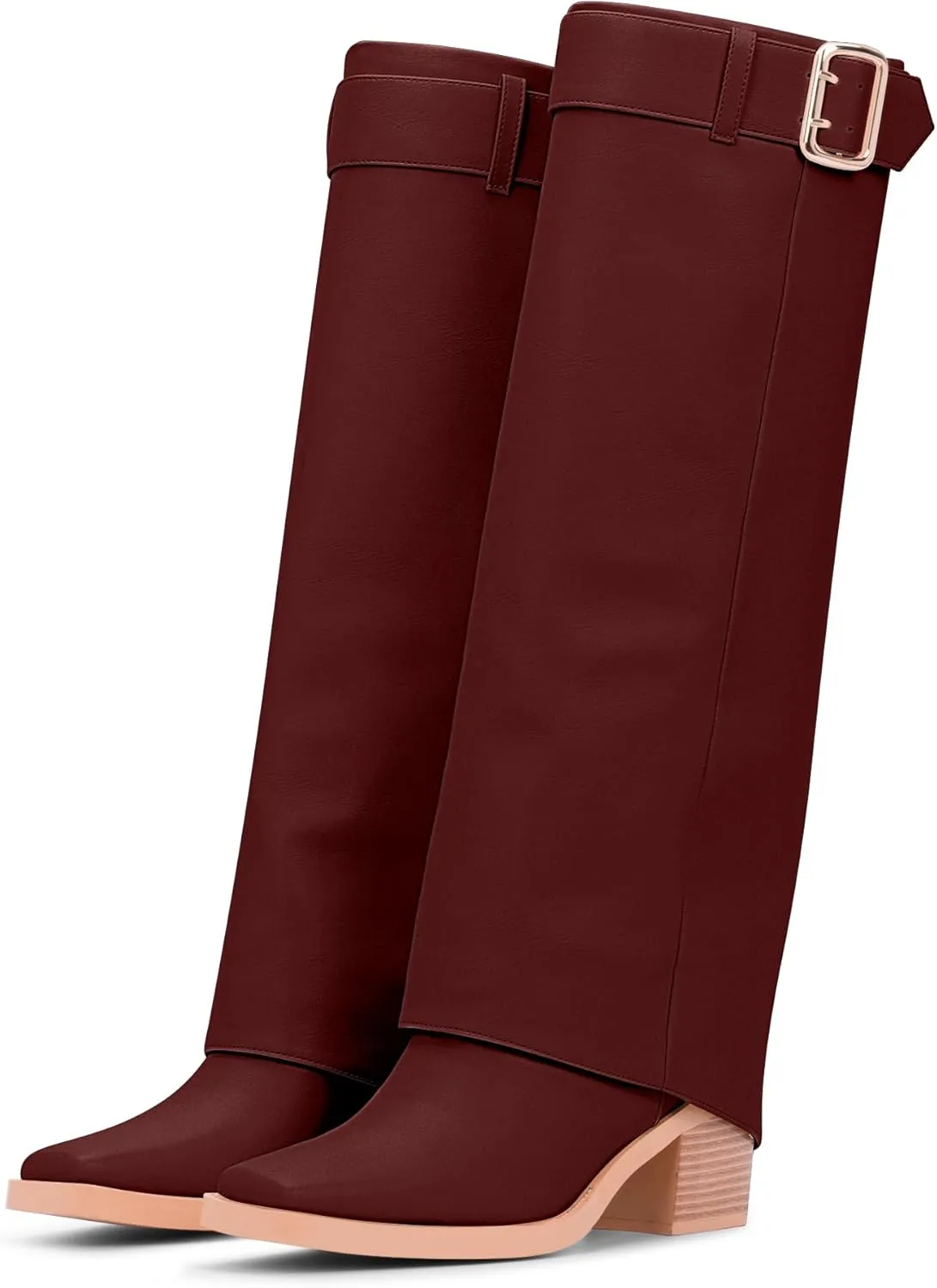 Women's Block Heel Fold Over Knee-High Boots Closed Toe Buckle Slip On Dress Boots