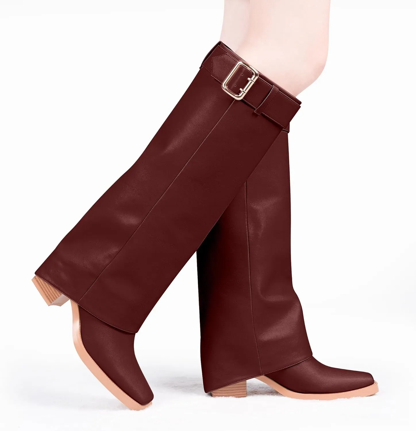 Women's Block Heel Fold Over Knee-High Boots Closed Toe Buckle Slip On Dress Boots