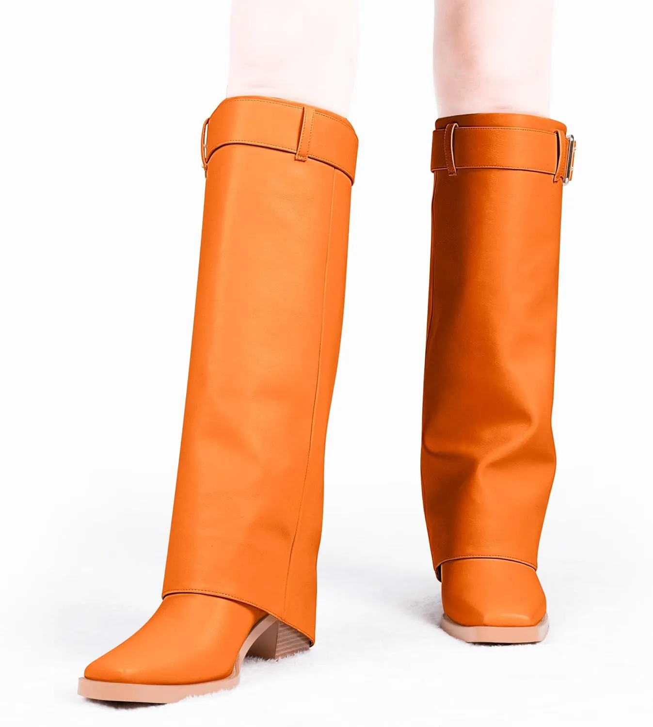 Women's Block Heel Fold Over Knee-High Boots Closed Toe Buckle Slip On Dress Boots
