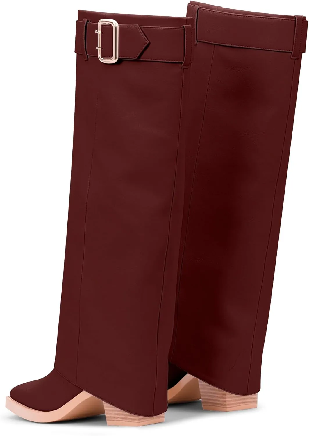 Women's Block Heel Fold Over Knee-High Boots Closed Toe Buckle Slip On Dress Boots