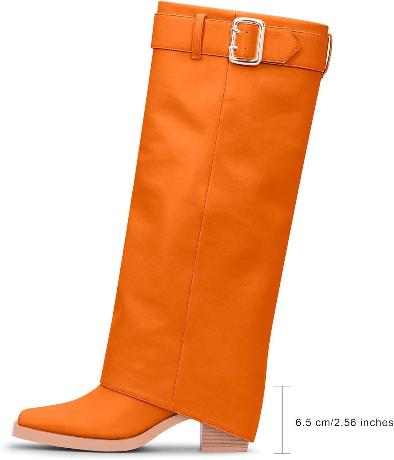 Women's Block Heel Fold Over Knee-High Boots Closed Toe Buckle Slip On Dress Boots