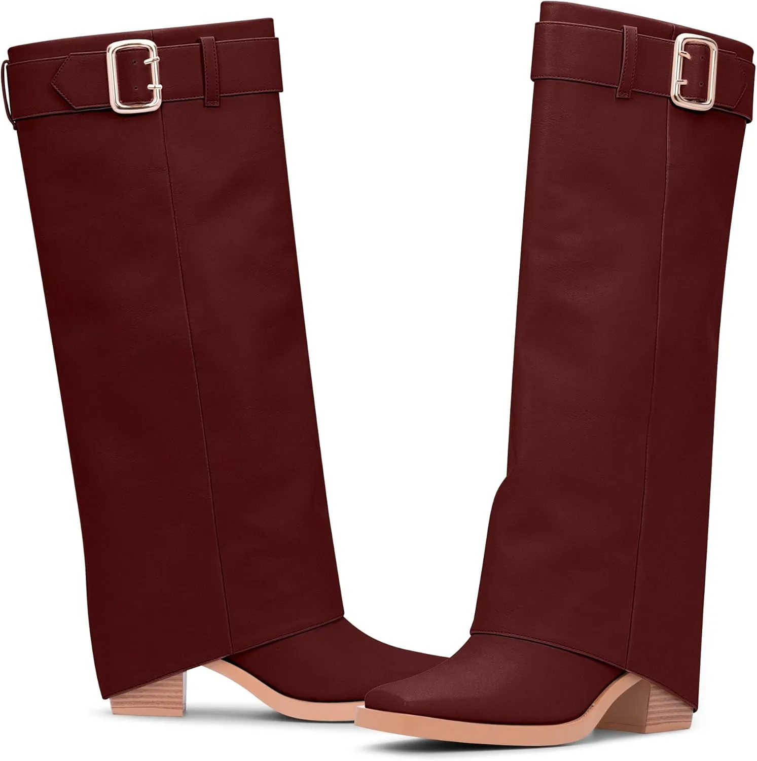 Women's Block Heel Fold Over Knee-High Boots Closed Toe Buckle Slip On Dress Boots