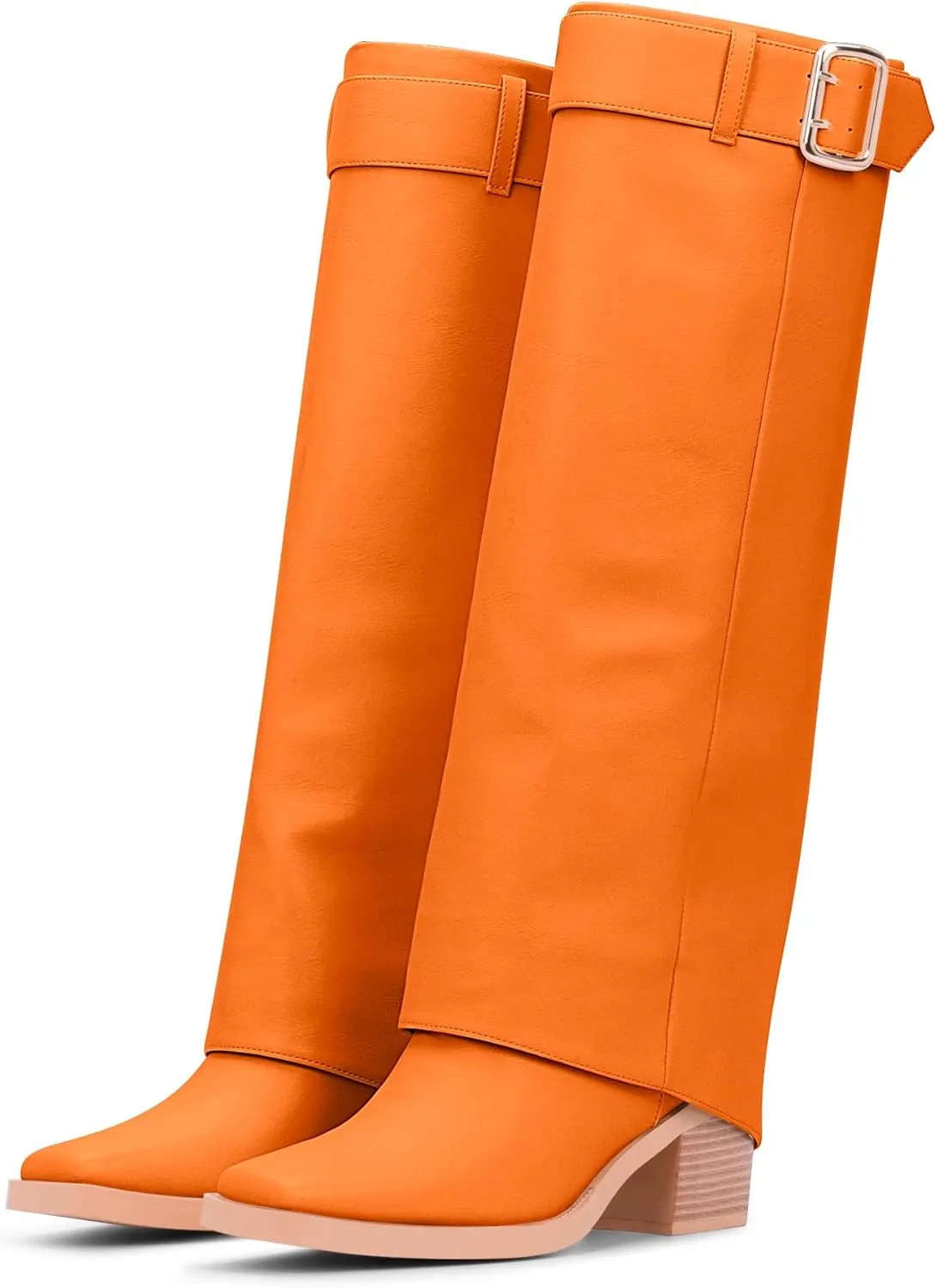 Women's Block Heel Fold Over Knee-High Boots Closed Toe Buckle Slip On Dress Boots