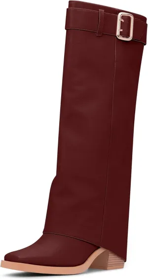 Women's Block Heel Fold Over Knee-High Boots Closed Toe Buckle Slip On Dress Boots