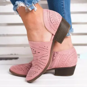 Women's Booties Boho Round Toe Hollow Out V Cut Slip On Chunky Mid Heels Ankle Boots Bohemian Beach Travel Sandals Shoes