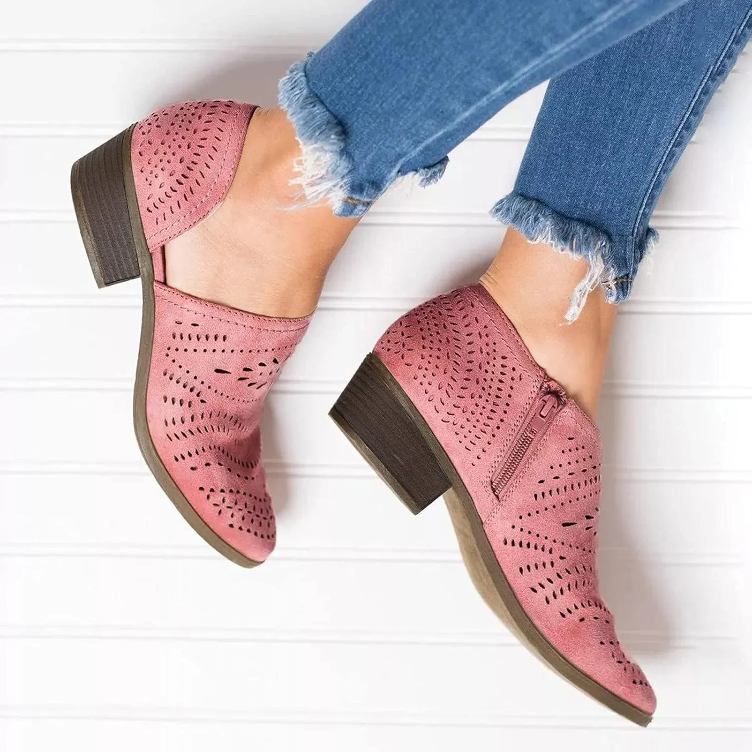 Women's Booties Boho Round Toe Hollow Out V Cut Slip On Chunky Mid Heels Ankle Boots Bohemian Beach Travel Sandals Shoes