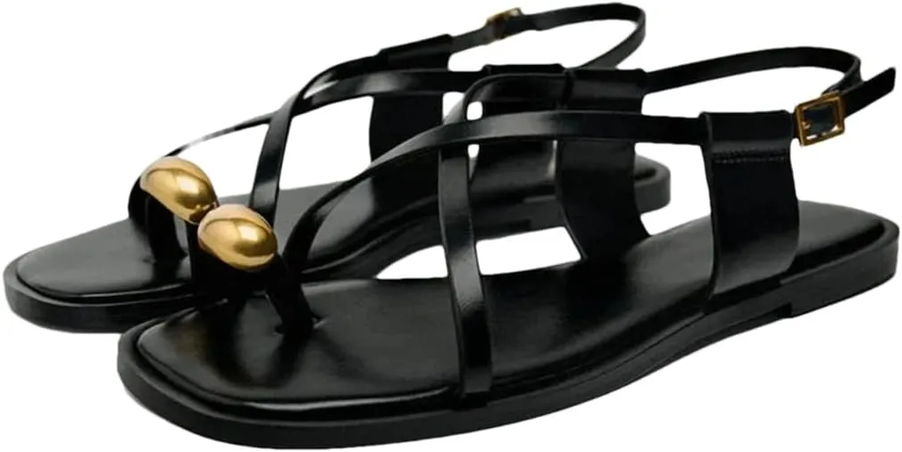 Womens Buckle Strap Back Strap Flat Heel Open Side Vamp Gladiator Sandals PU Upper Metal Decoration Rome Casual Summer Sandals