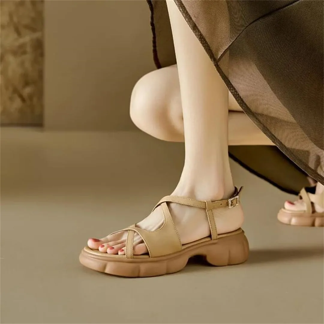 Womens Buckle Strap Back Strap Height Increasing Open Side Vamp Fashion Sandals Split Leather Thick Heel Casual Summer Sandals