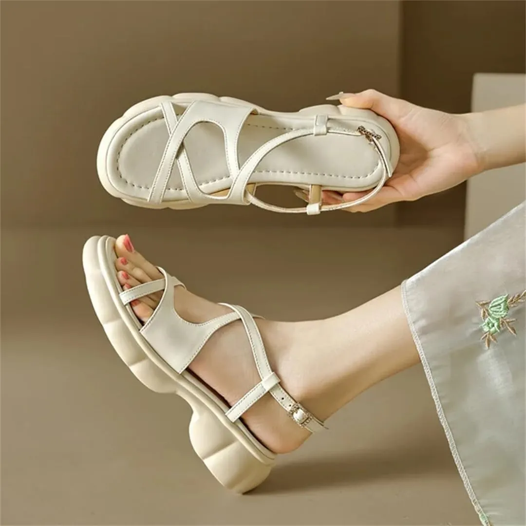 Womens Buckle Strap Back Strap Height Increasing Open Side Vamp Fashion Sandals Split Leather Thick Heel Casual Summer Sandals