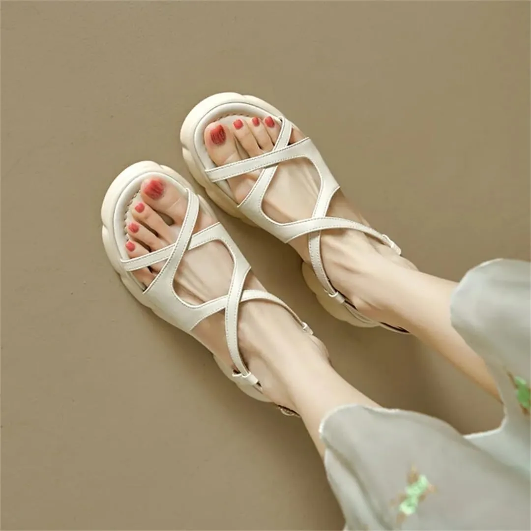 Womens Buckle Strap Back Strap Height Increasing Open Side Vamp Fashion Sandals Split Leather Thick Heel Casual Summer Sandals