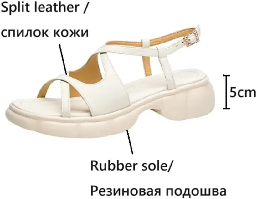 Womens Buckle Strap Back Strap Height Increasing Open Side Vamp Fashion Sandals Split Leather Thick Heel Casual Summer Sandals