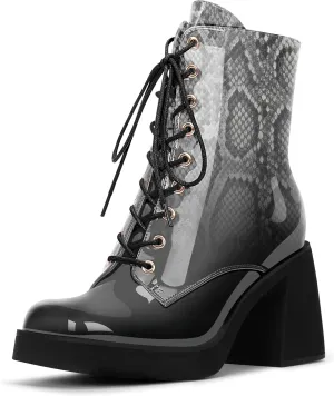 Women's Chunky Heel Square Toe Platform Ankle Boots Lace Up Booties