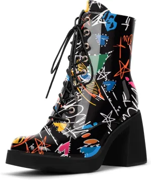 Women's Chunky Heel Square Toe Platform Ankle Boots Lace Up Booties