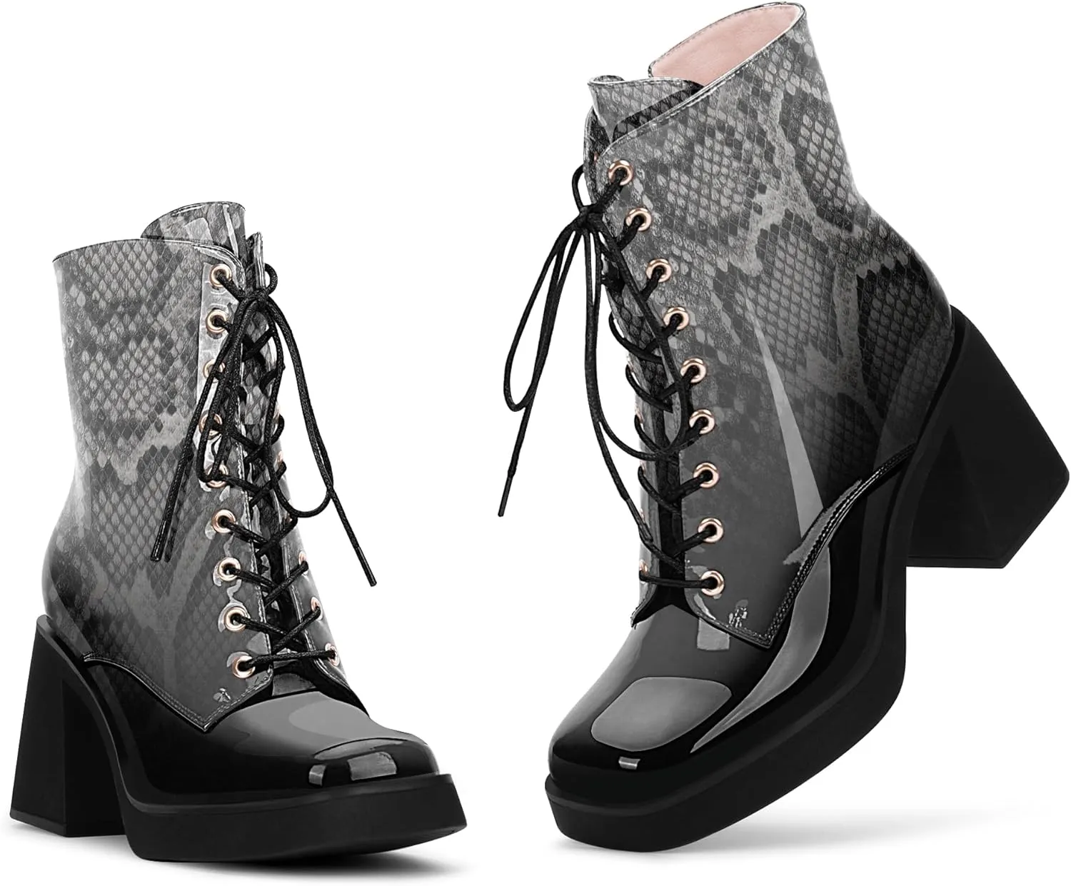 Women's Chunky Heel Square Toe Platform Ankle Boots Lace Up Booties